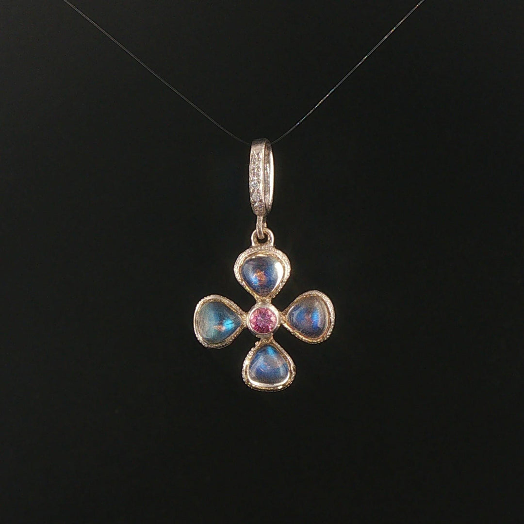 14k White Gold Rainbow Moonstone Pink Sapphire Diamond Vintage Clover Pendant