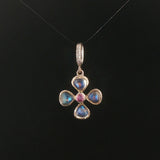 14k White Gold Rainbow Moonstone Pink Sapphire Diamond Vintage Clover Pendant