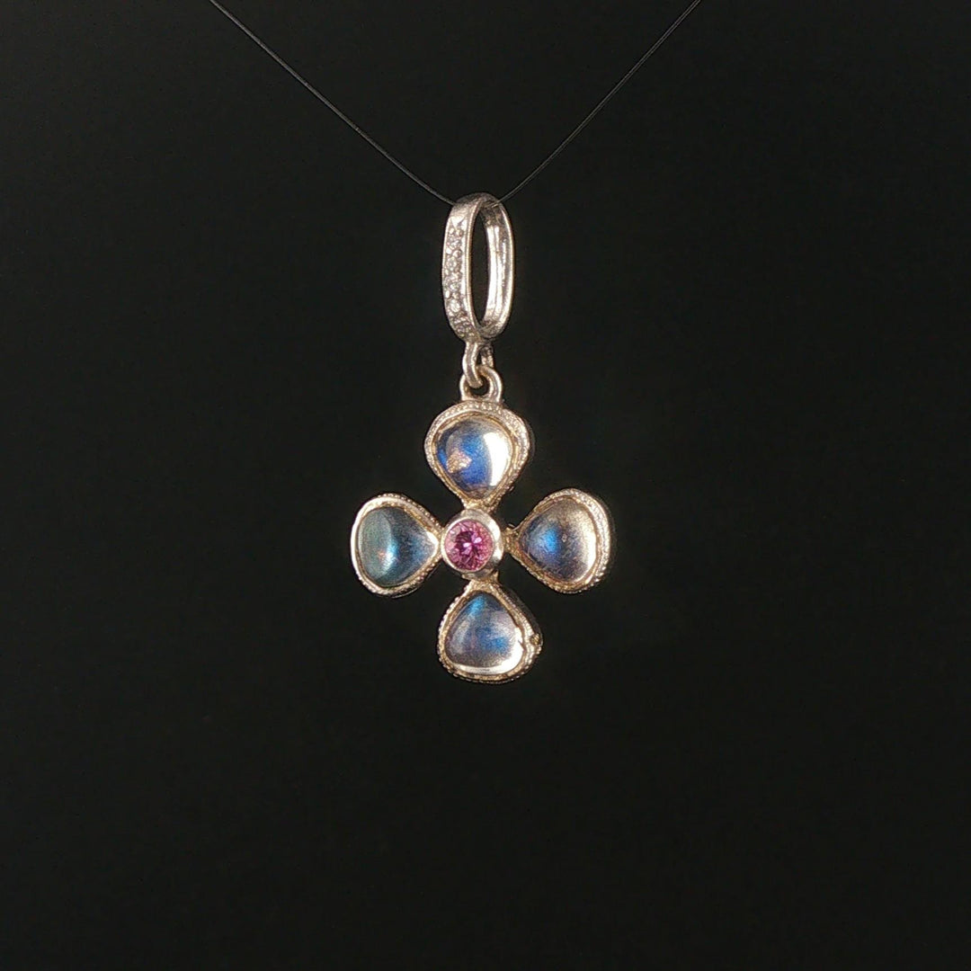 14k White Gold Rainbow Moonstone Pink Sapphire Diamond Vintage Clover Pendant