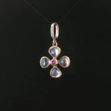 14k White Gold Rainbow Moonstone Pink Sapphire Diamond Vintage Clover Pendant