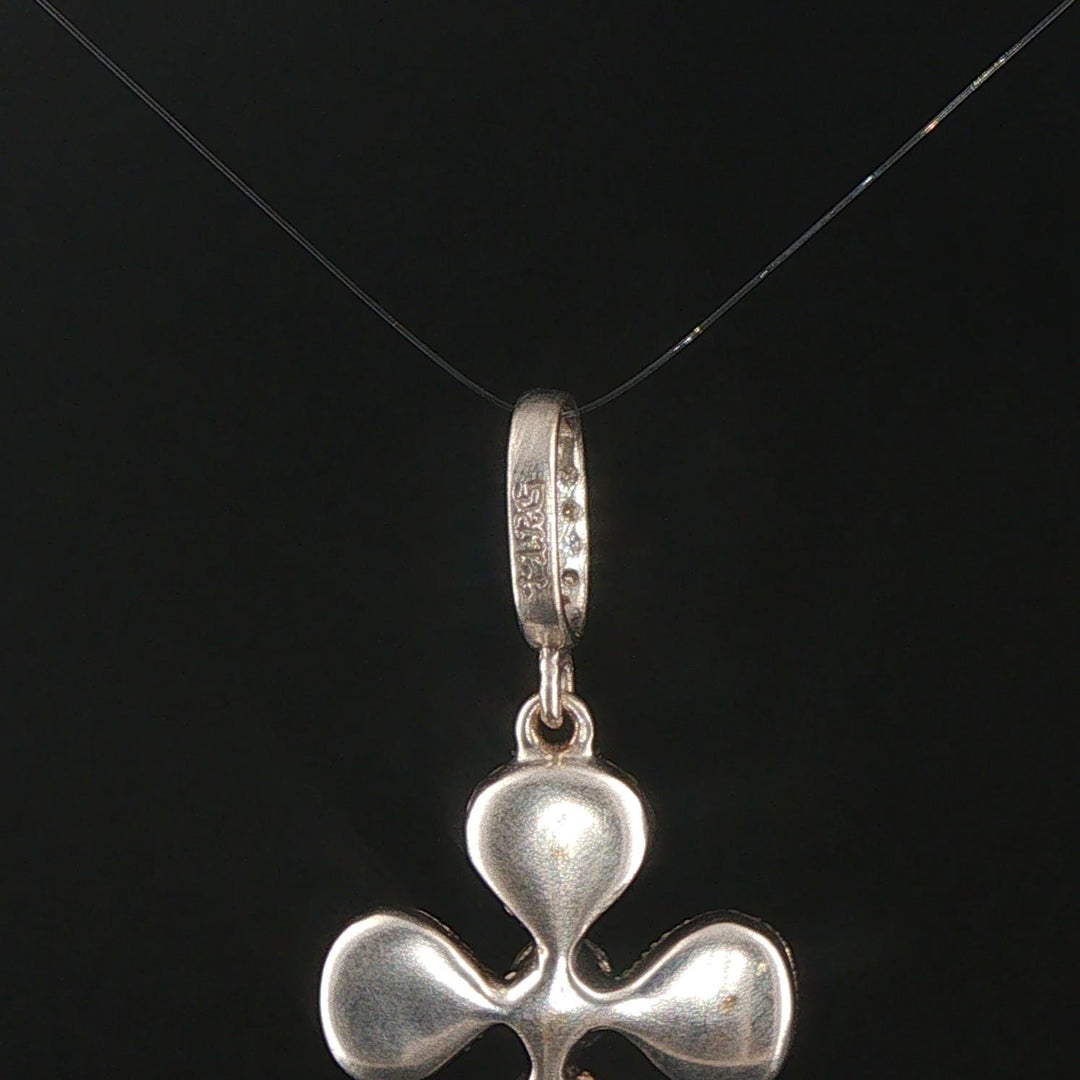 14k White Gold Rainbow Moonstone Pink Sapphire Diamond Vintage Clover Pendant
