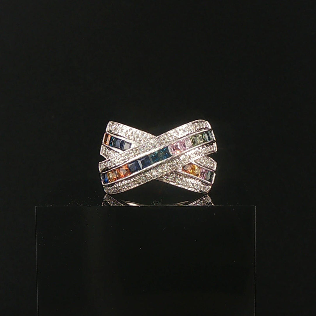 14k White Gold Rainbow Sapphire and Diamond Crossover Band Ring Size 8