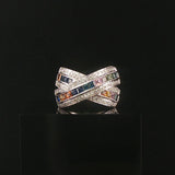 14k White Gold Rainbow Sapphire and Diamond Crossover Band Ring Size 8