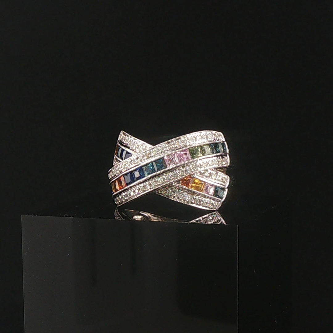 14k White Gold Rainbow Sapphire and Diamond Crossover Band Ring Size 8