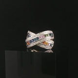 14k White Gold Rainbow Sapphire and Diamond Crossover Band Ring Size 8