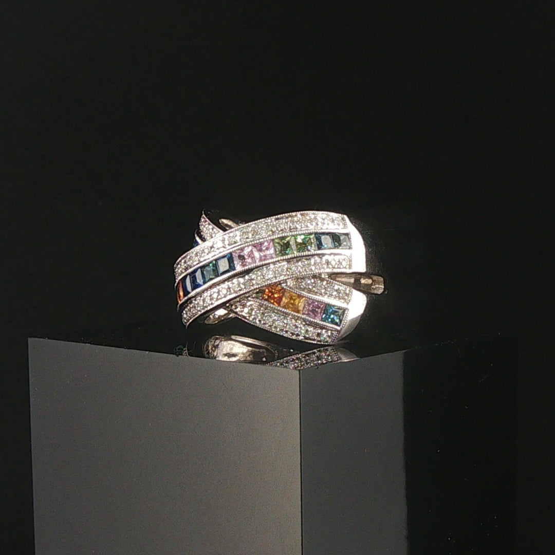 14k White Gold Rainbow Sapphire and Diamond Crossover Band Ring Size 8
