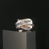 14k White Gold Rainbow Sapphire and Diamond Crossover Band Ring Size 8