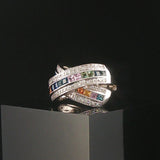 14k White Gold Rainbow Sapphire and Diamond Crossover Band Ring Size 8