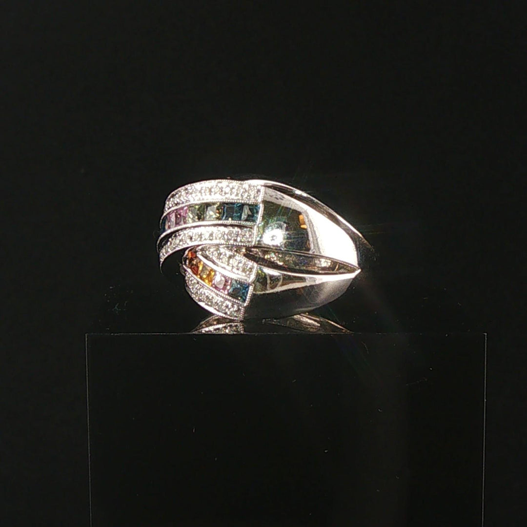 14k White Gold Rainbow Sapphire and Diamond Crossover Band Ring Size 8