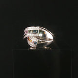 14k White Gold Rainbow Sapphire and Diamond Crossover Band Ring Size 8