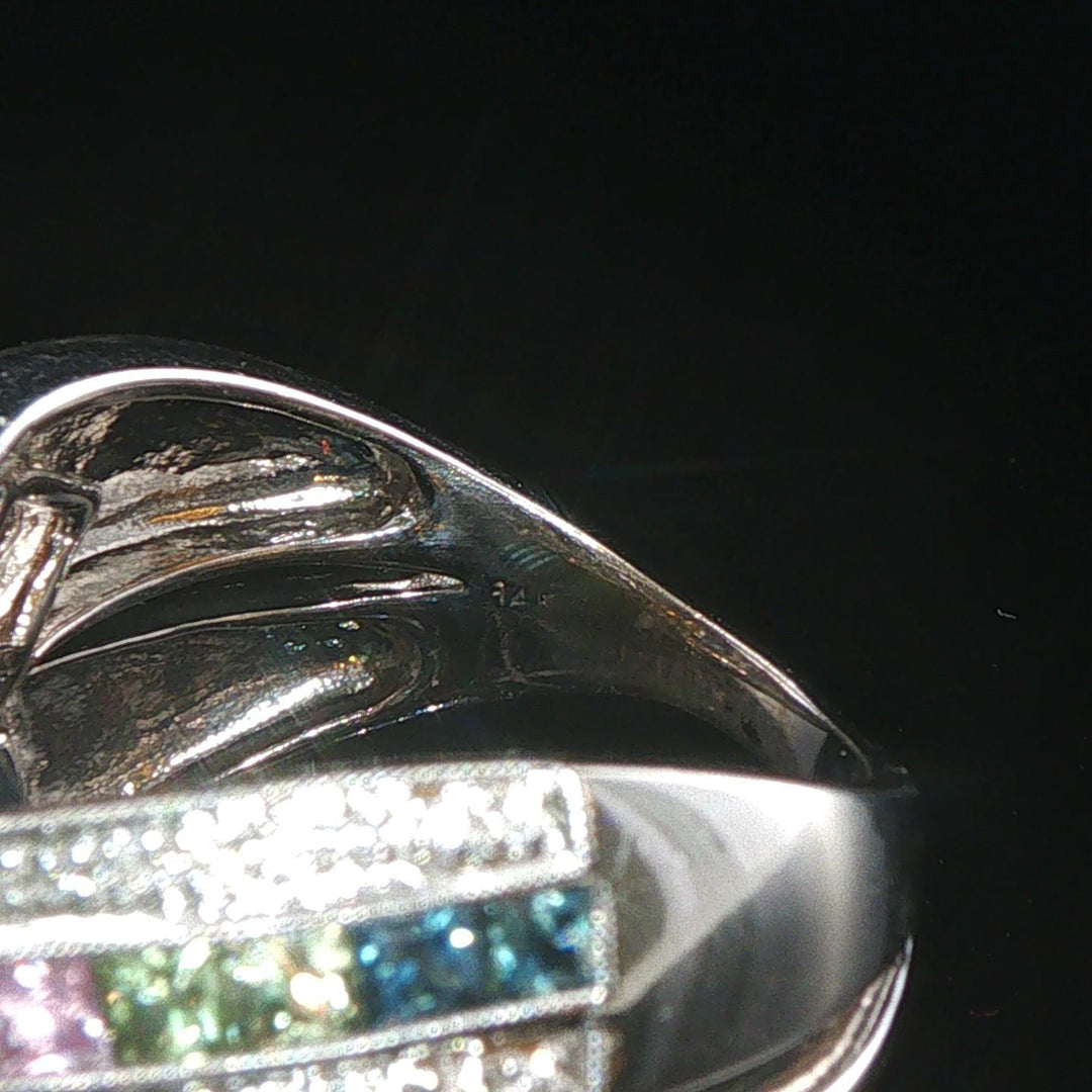 14k White Gold Rainbow Sapphire and Diamond Crossover Band Ring Size 8