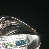 14k White Gold Rainbow Sapphire and Diamond Crossover Band Ring Size 8