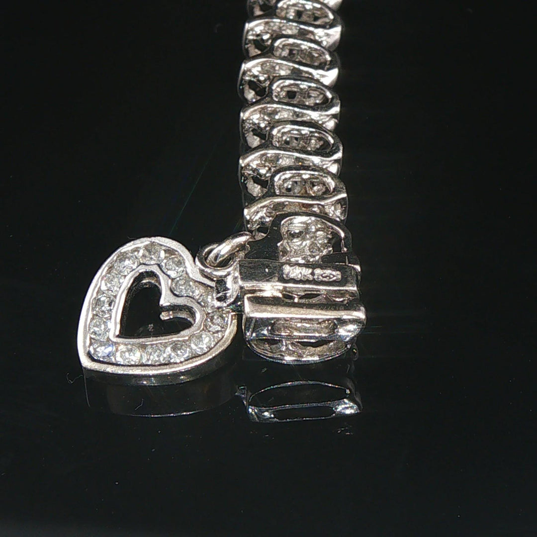 14k White Gold and 0.75cttw Diamond Heart Charm Link Bracelet 7.25"