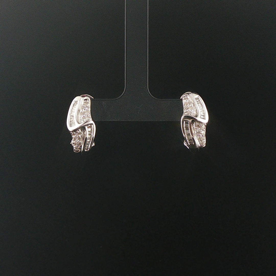 14k White Gold and 0.40cttw Round and Baguette Diamond Huggie Earrings