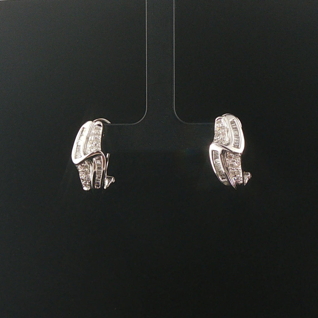 14k White Gold and 0.40cttw Round and Baguette Diamond Huggie Earrings