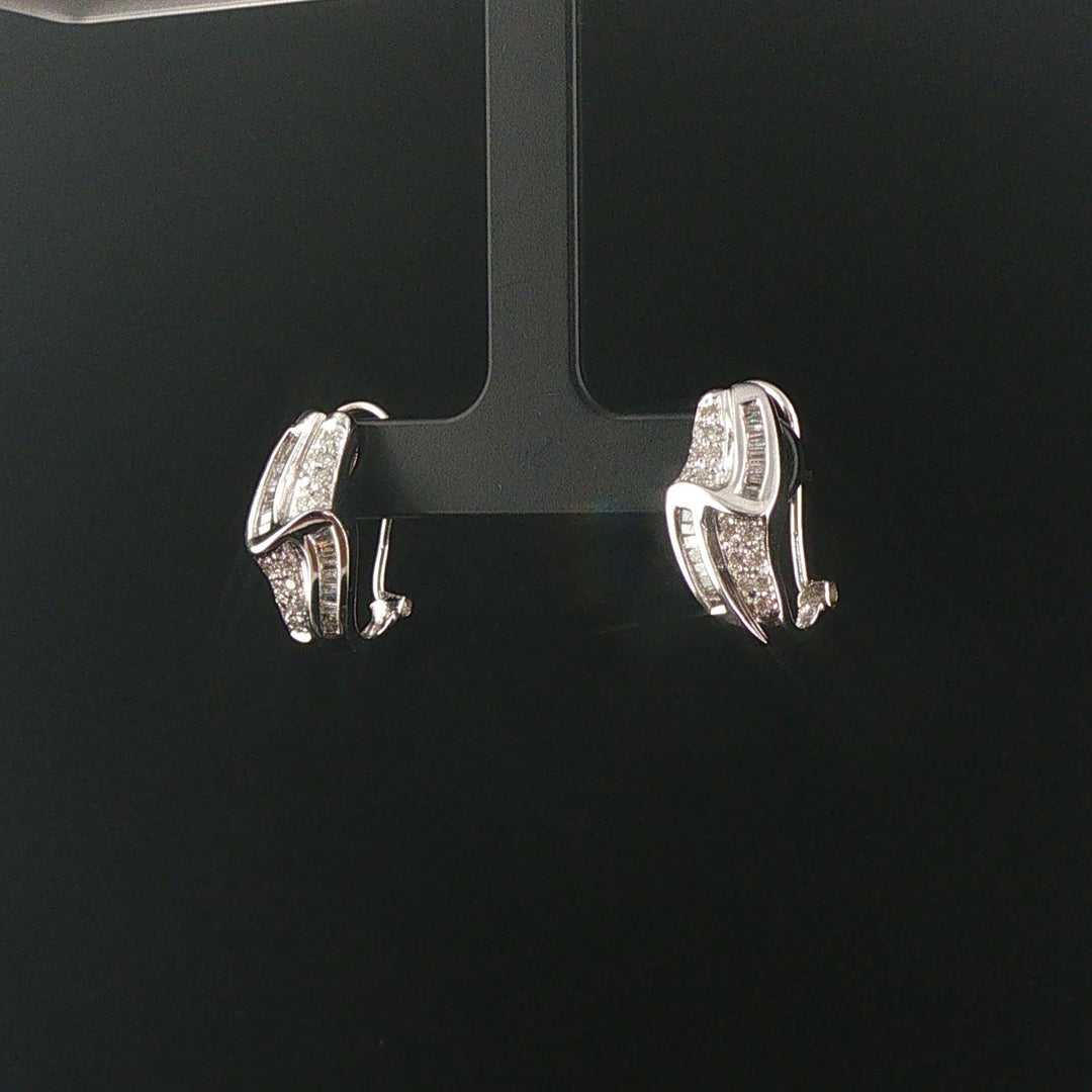 14k White Gold and 0.40cttw Round and Baguette Diamond Huggie Earrings