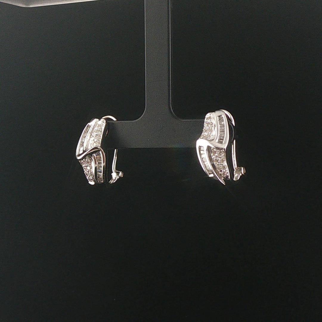 14k White Gold and 0.40cttw Round and Baguette Diamond Huggie Earrings