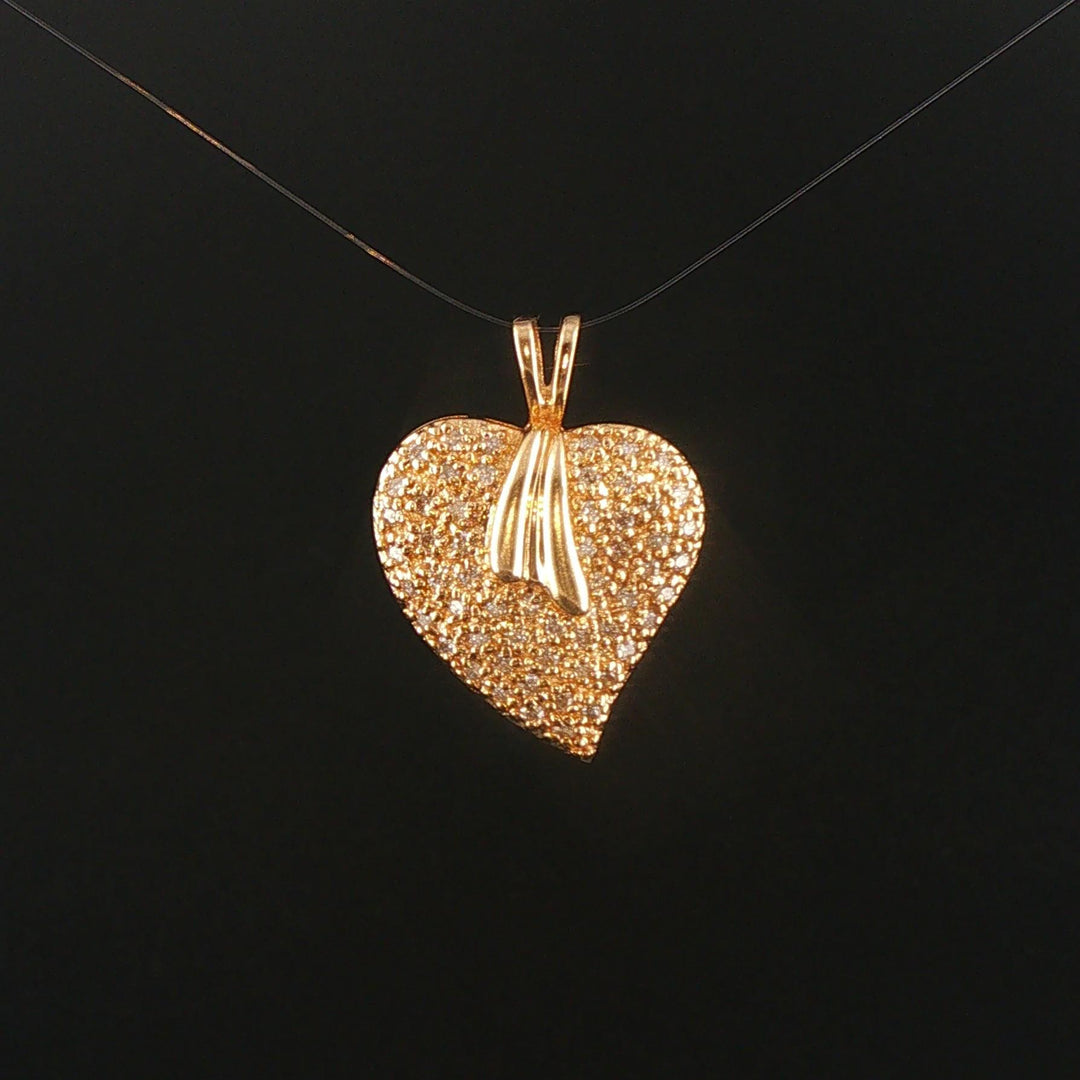14k Yellow Gold and 0.15cttw Pave Diamond Vintage Heart Pendant 1"