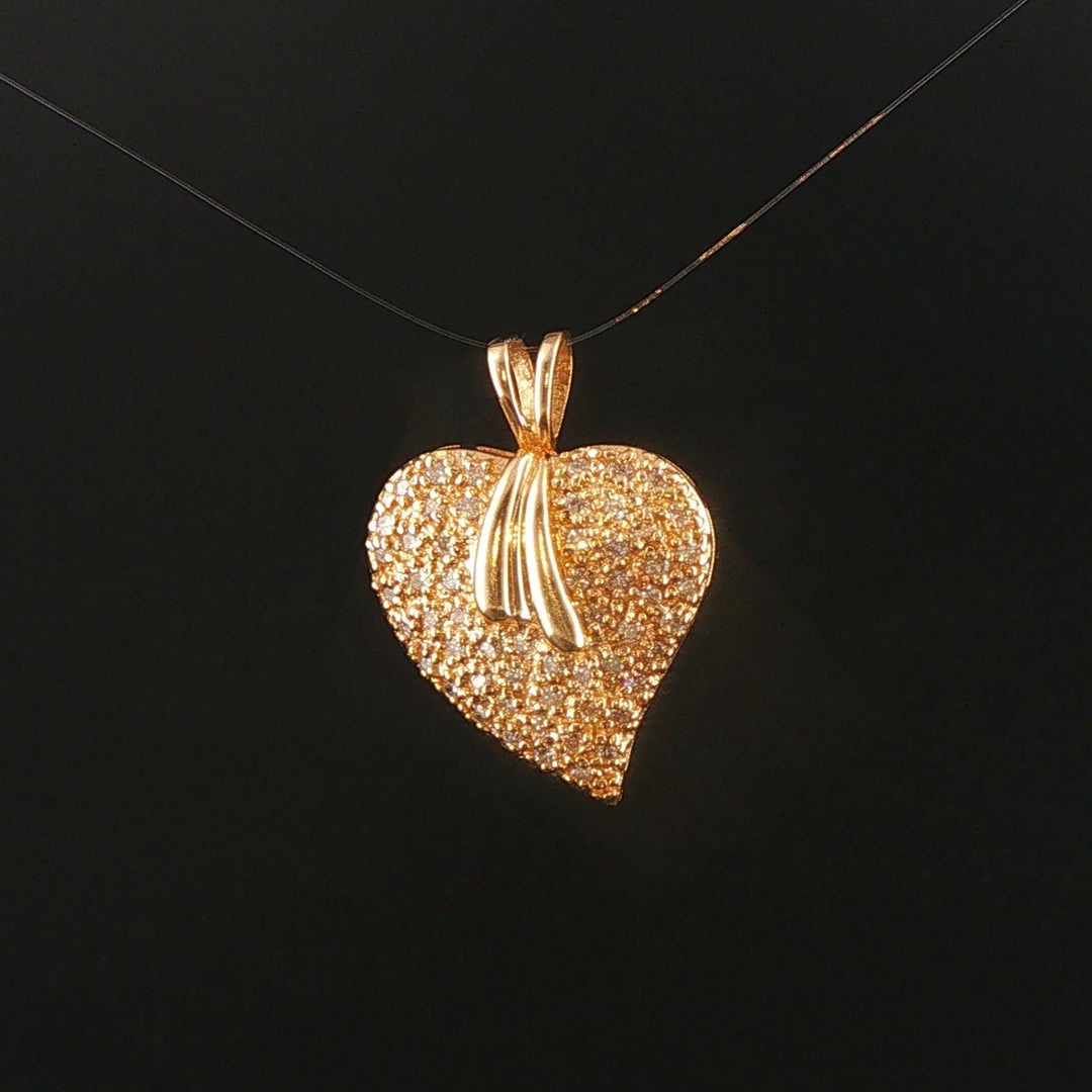 14k Yellow Gold and 0.15cttw Pave Diamond Vintage Heart Pendant 1"