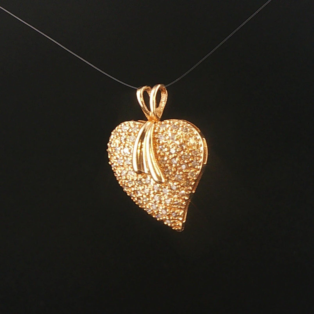 14k Yellow Gold and 0.15cttw Pave Diamond Vintage Heart Pendant 1"