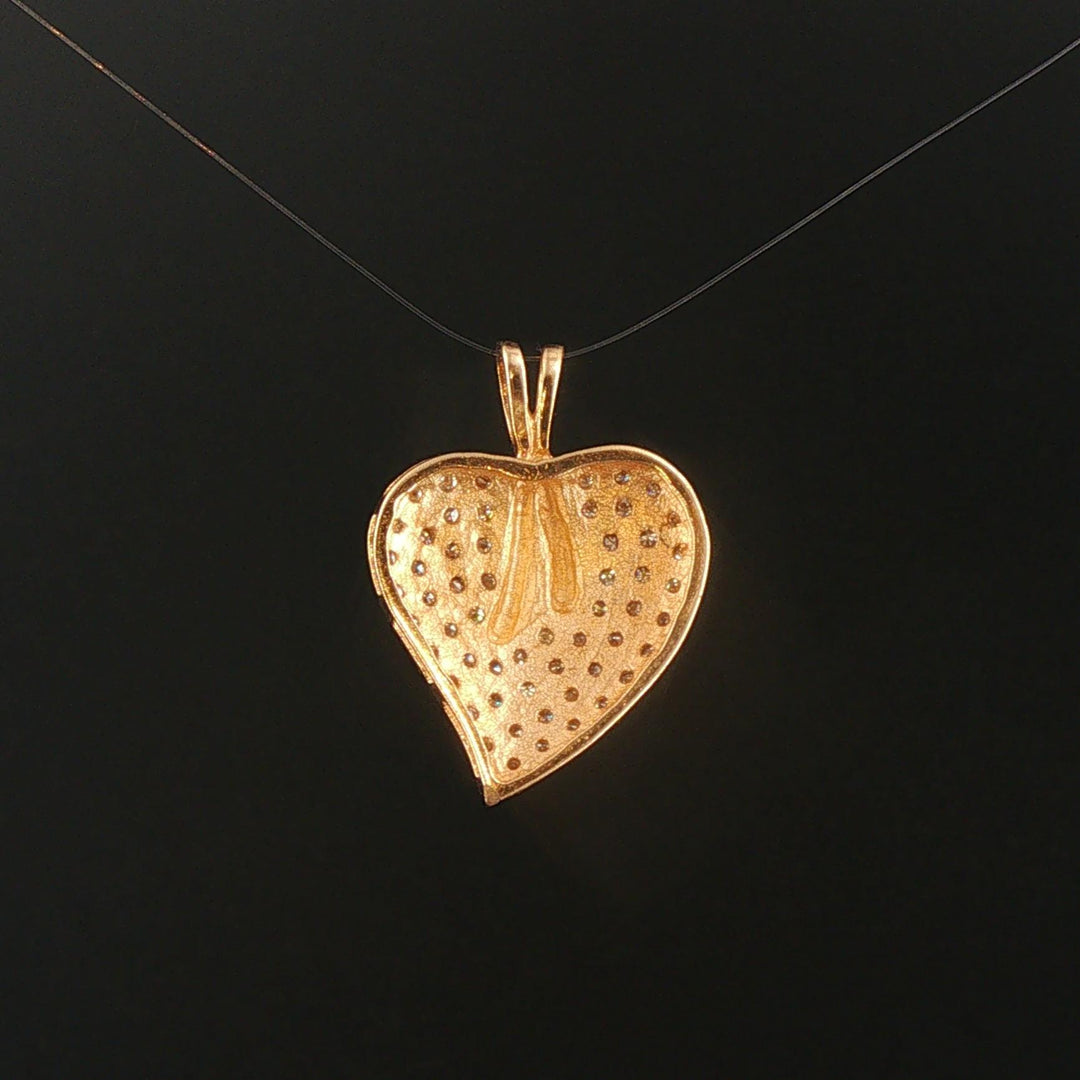 14k Yellow Gold and 0.15cttw Pave Diamond Vintage Heart Pendant 1"