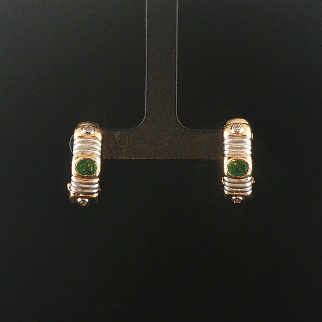14k Yellow and White Gold Emerald and Diamond Huggie Earrings