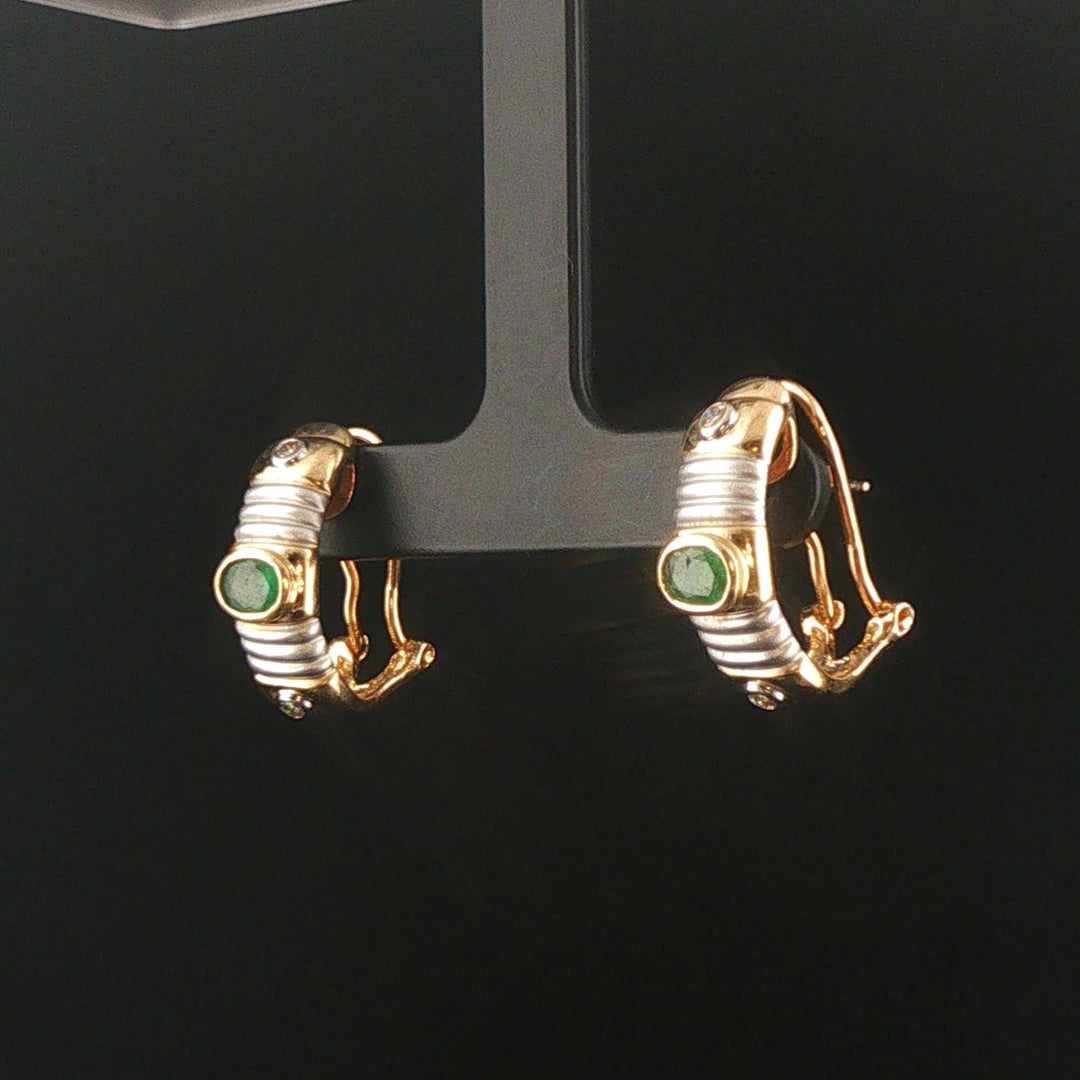 14k Yellow and White Gold Emerald and Diamond Huggie Earrings