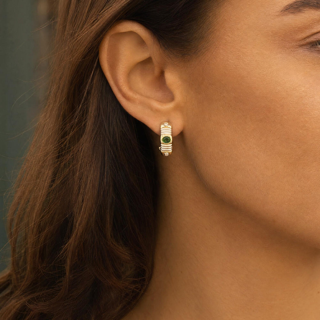 14k Yellow and White Gold Emerald and Diamond Huggie Earrings