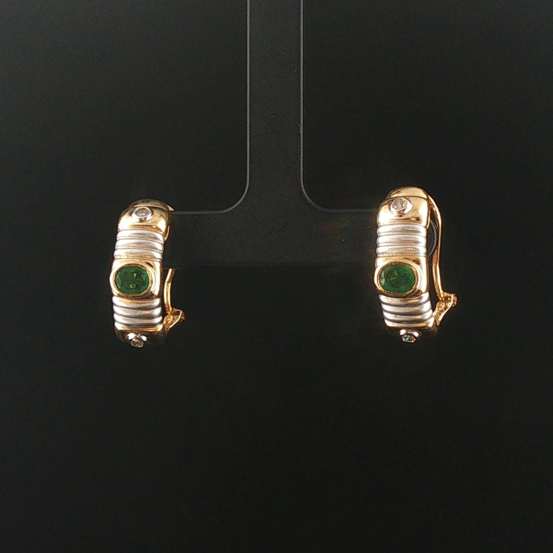 14k Yellow and White Gold Emerald and Diamond Huggie Earrings
