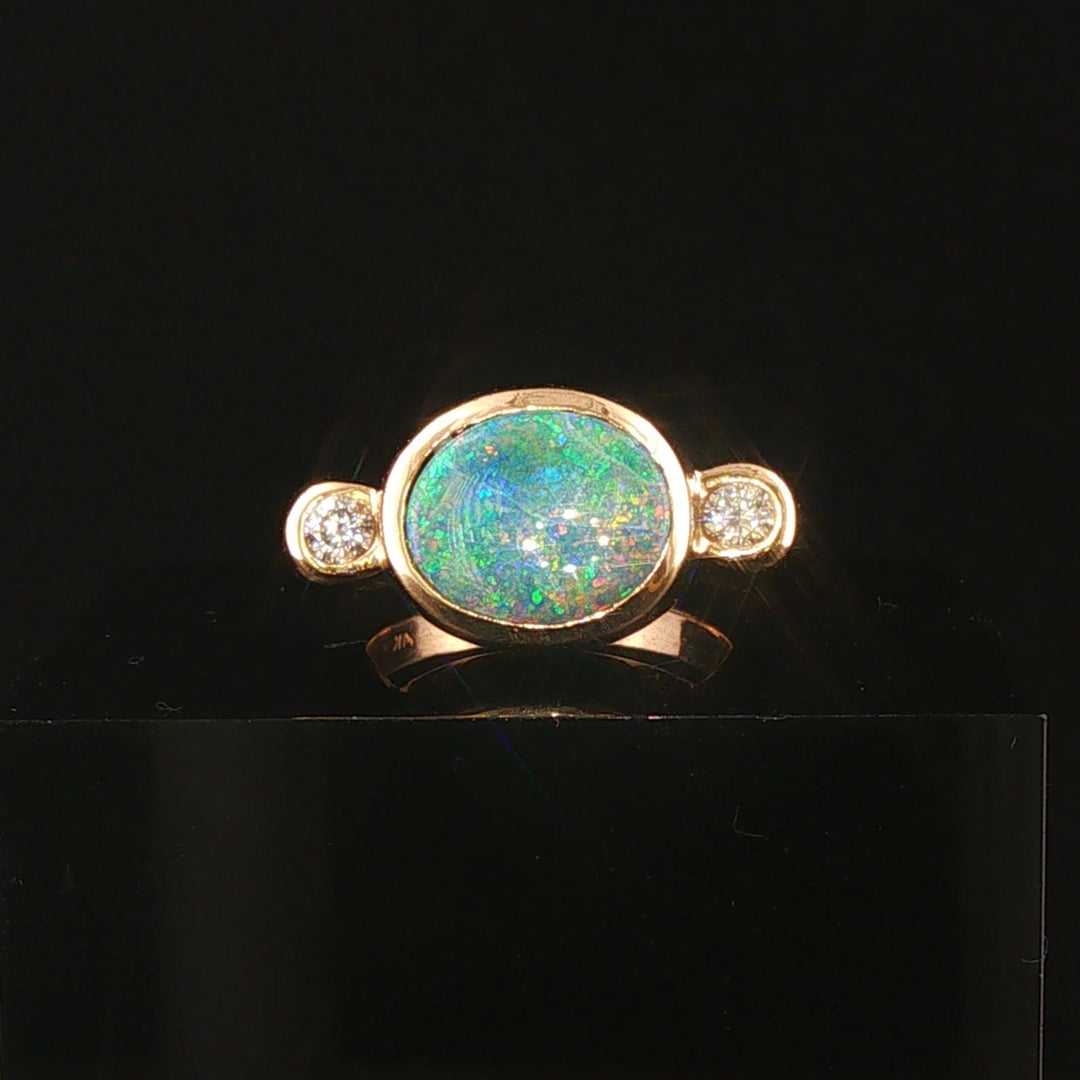 14k Yellow Gold Bezel Set Opal and Diamond Solid Heavy Ring Size 5.25