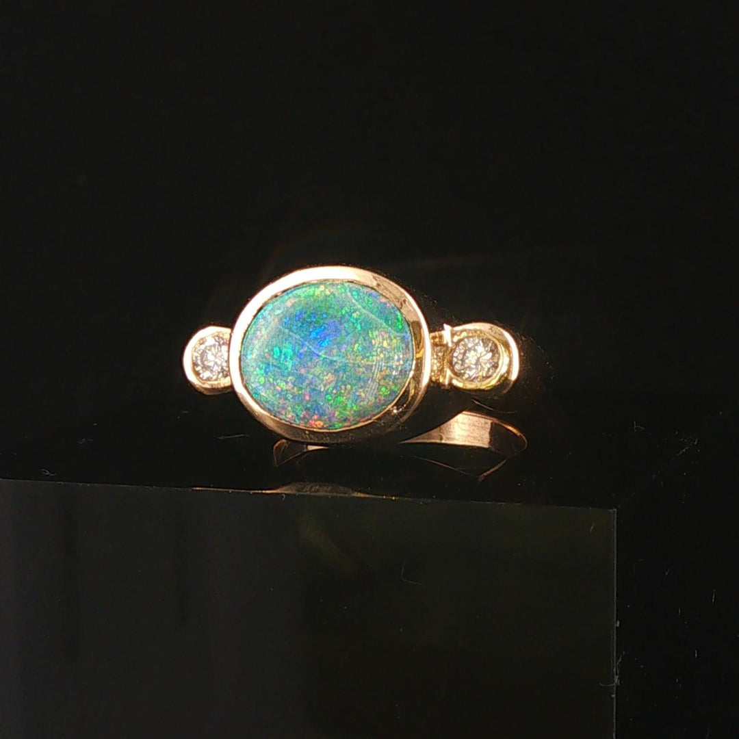 14k Yellow Gold Bezel Set Opal and Diamond Solid Heavy Ring Size 5.25