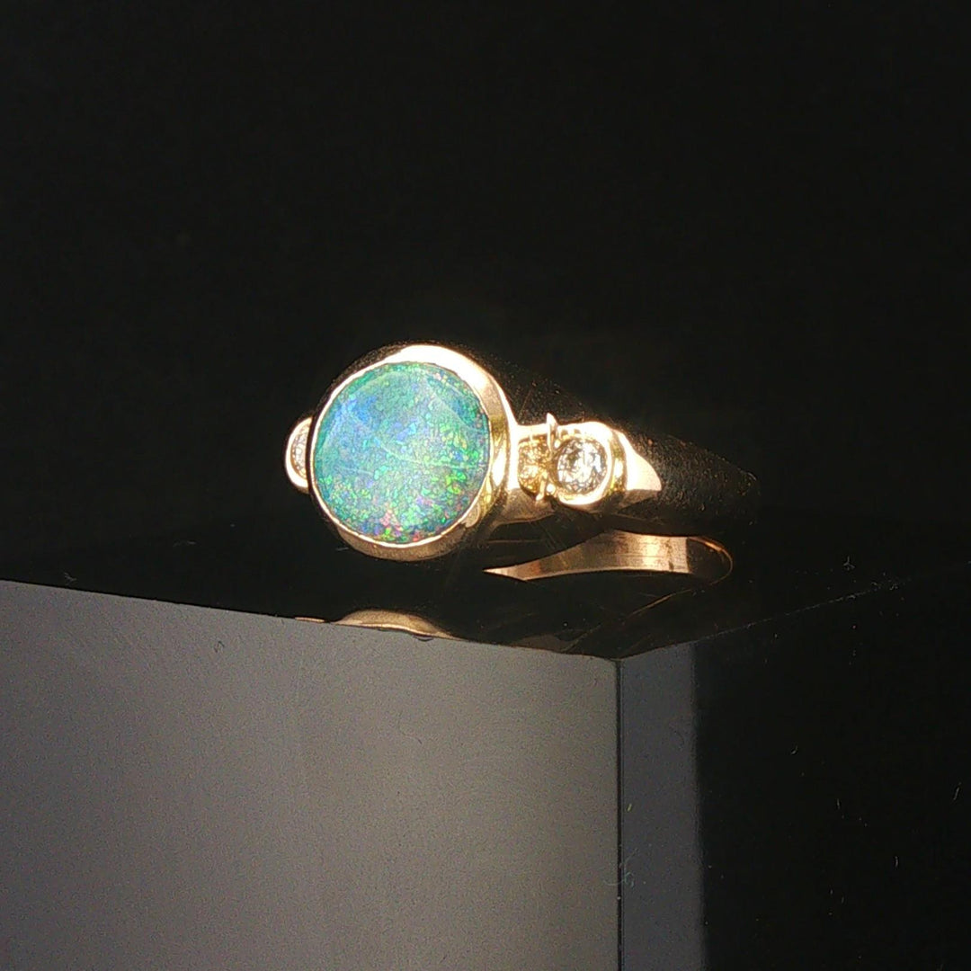 14k Yellow Gold Bezel Set Opal and Diamond Solid Heavy Ring Size 5.25