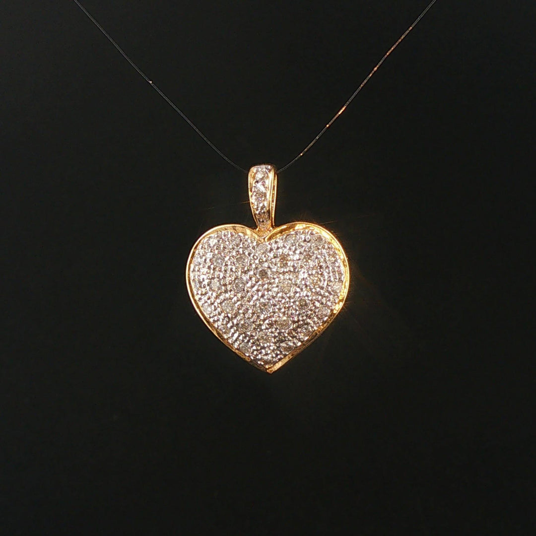 18k Yellow and White Gold Pave Diamond Vintage Heart Pendant 1"
