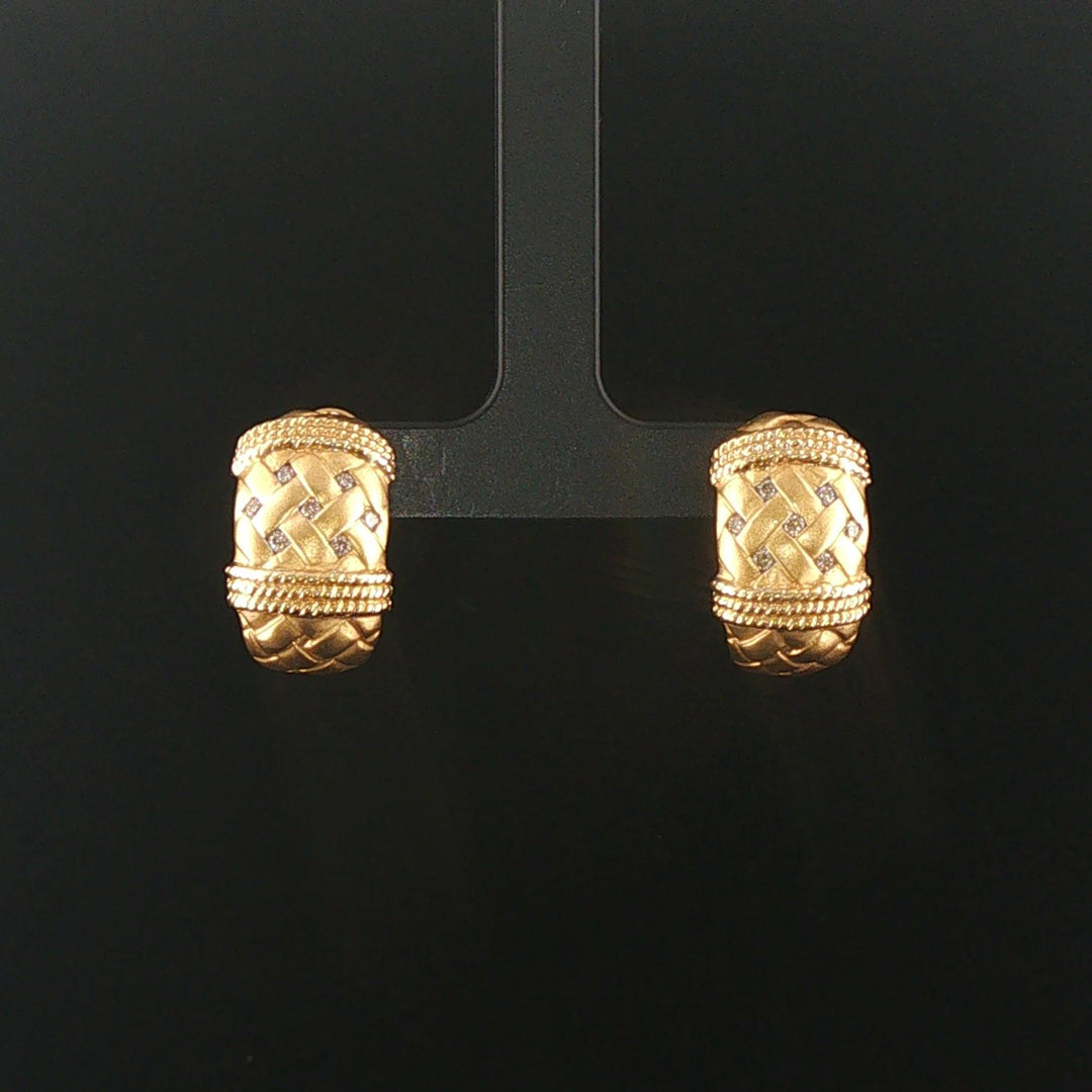 14k Yellow Gold and Diamond Brushed Finish Vintage Huggie Earrings