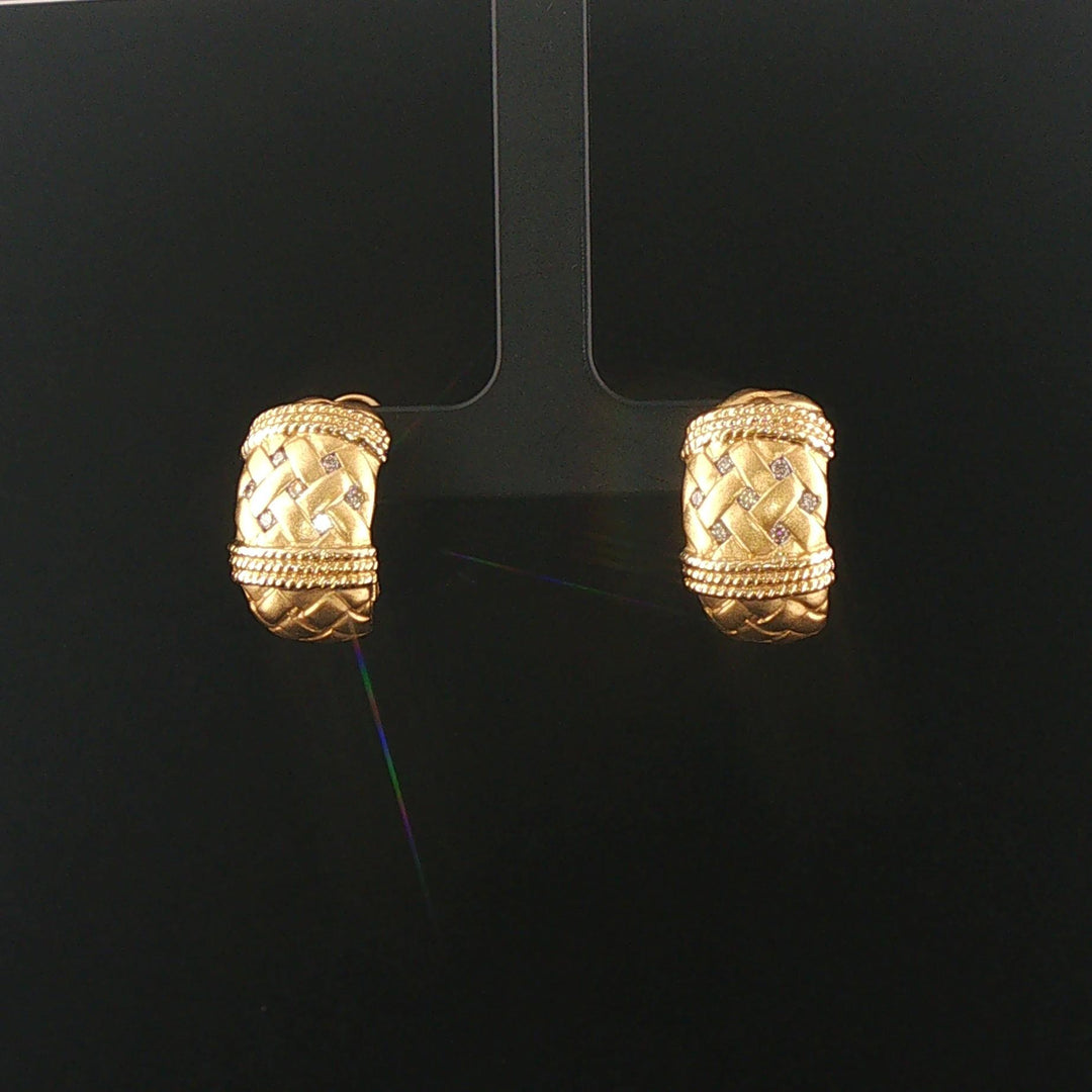 14k Yellow Gold and Diamond Brushed Finish Vintage Huggie Earrings