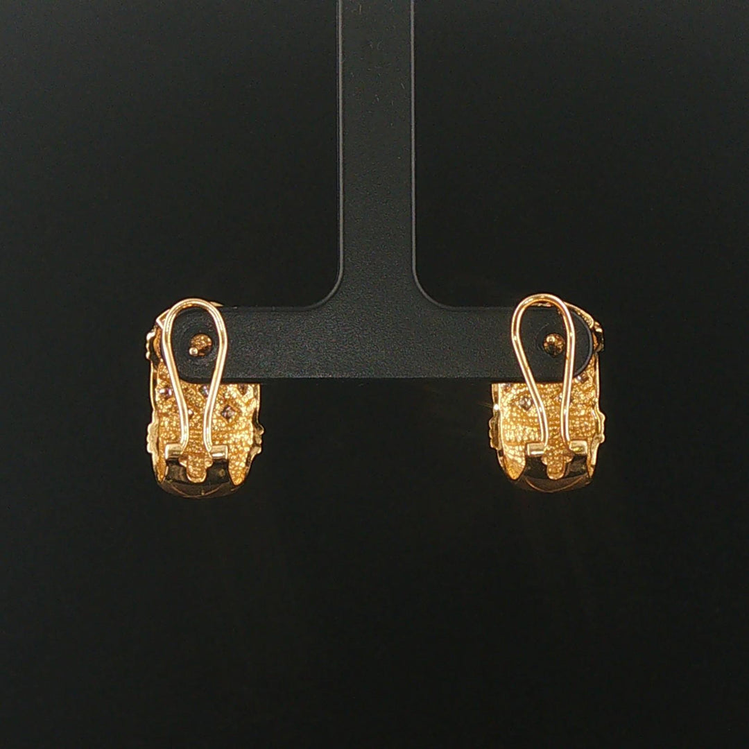14k Yellow Gold and Diamond Brushed Finish Vintage Huggie Earrings