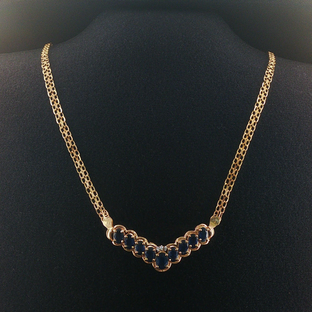 14k Yellow Gold Sapphire and Diamond Bismark Link Pendant Necklace Italy 17.5"