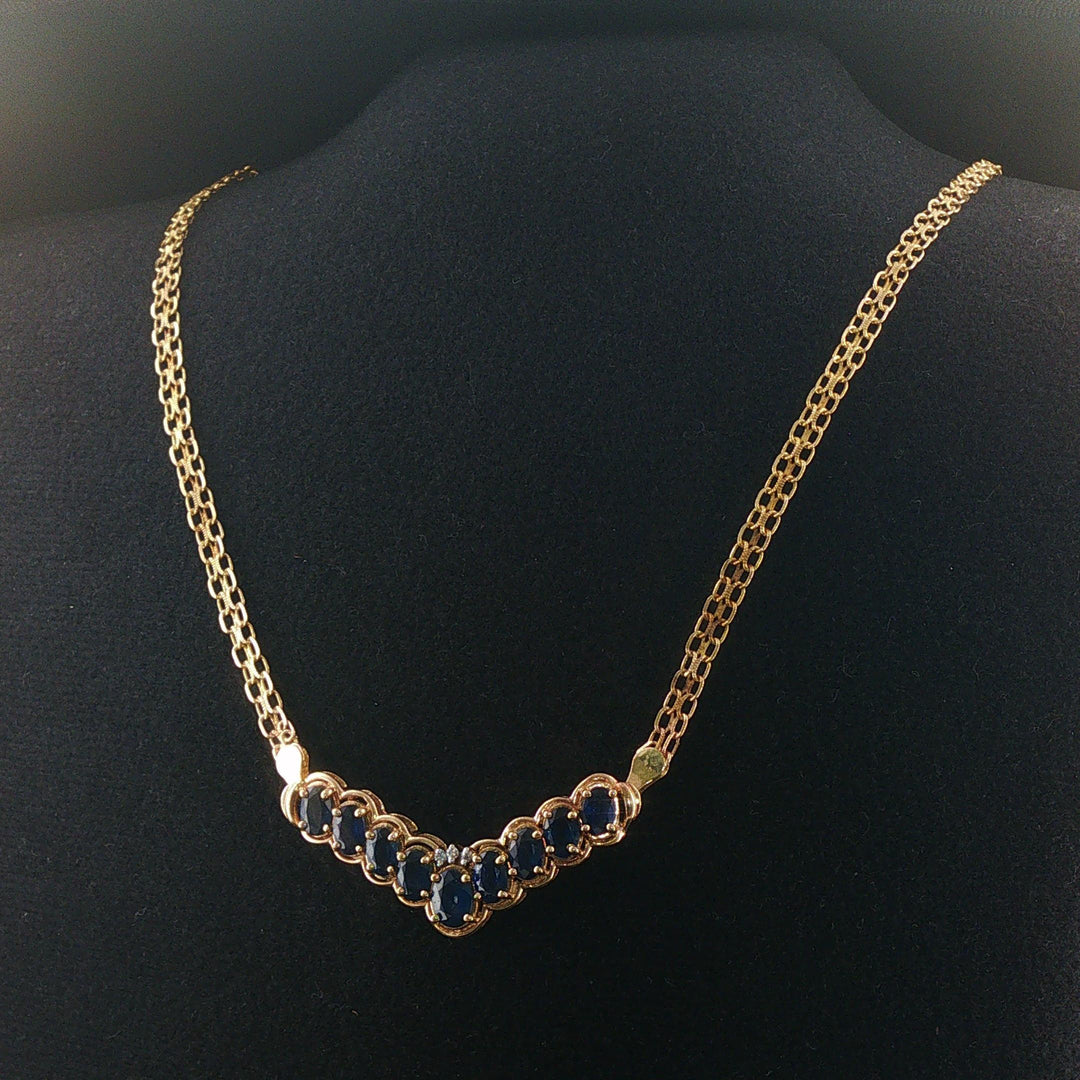 14k Yellow Gold Sapphire and Diamond Bismark Link Pendant Necklace Italy 17.5"