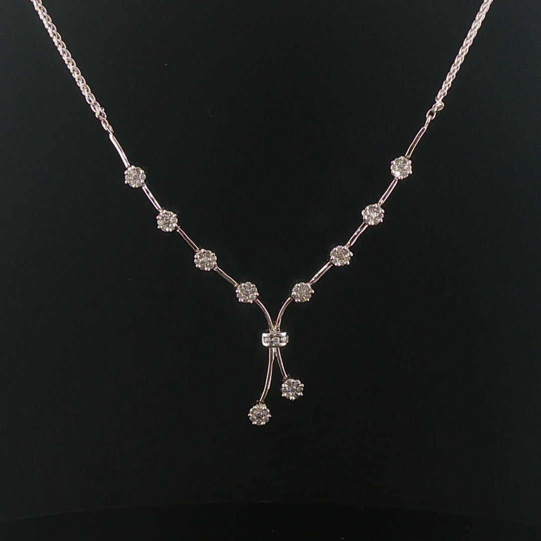 14k White Gold and 1cttw Diamond Wheat Link Floral Drop Necklace 18"