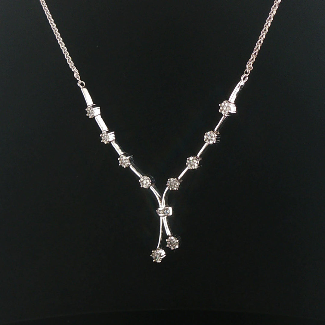 14k White Gold and 1cttw Diamond Wheat Link Floral Drop Necklace 18"