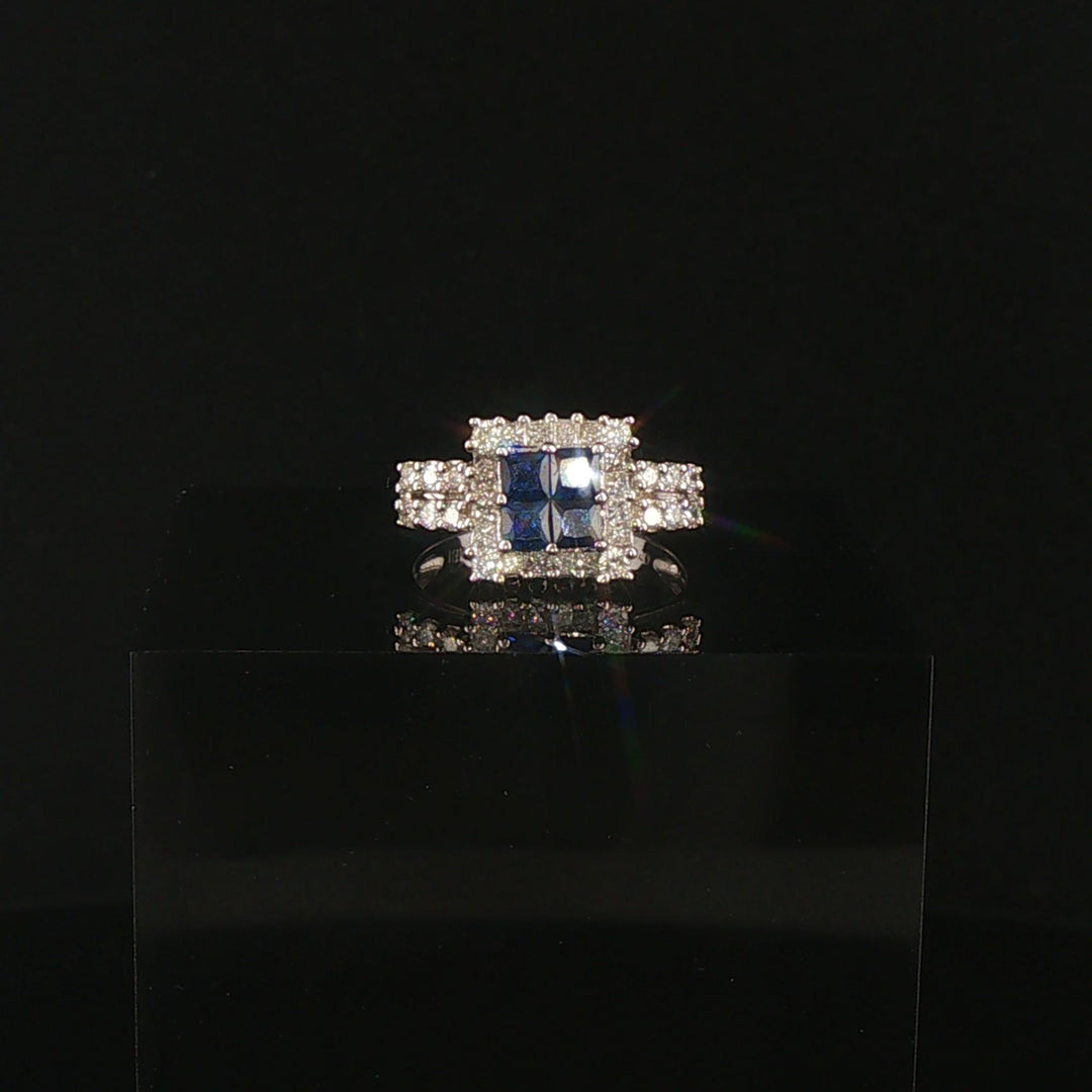 18k White Gold Blue Sapphire and 0.50cttw Diamond Vintage Ring Size 4.25