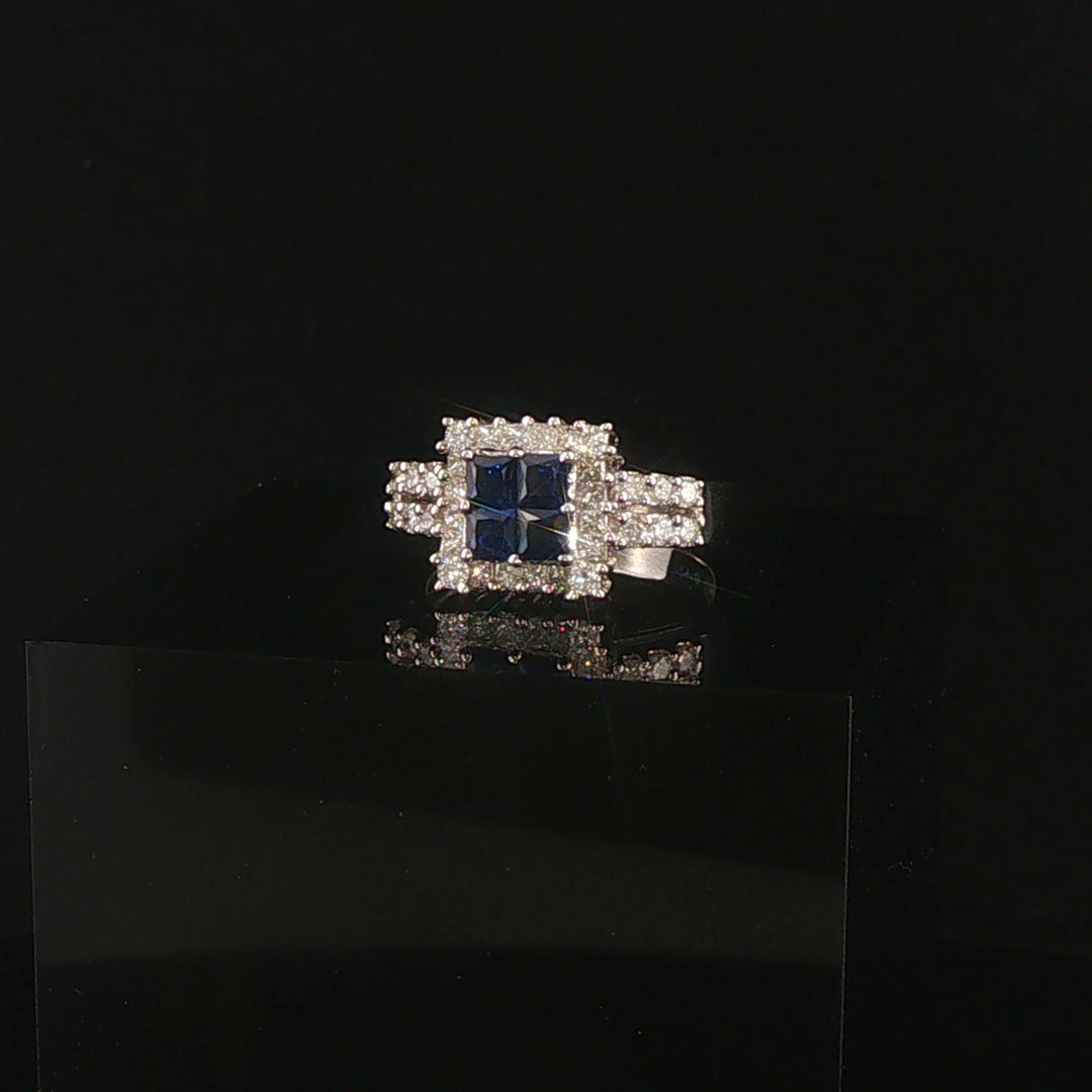 18k White Gold Blue Sapphire and 0.50cttw Diamond Vintage Ring Size 4.25