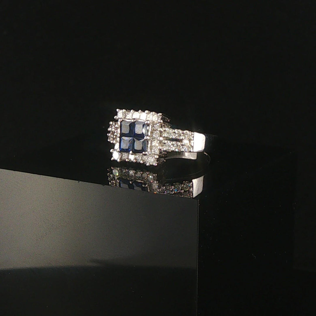 18k White Gold Blue Sapphire and 0.50cttw Diamond Vintage Ring Size 4.25