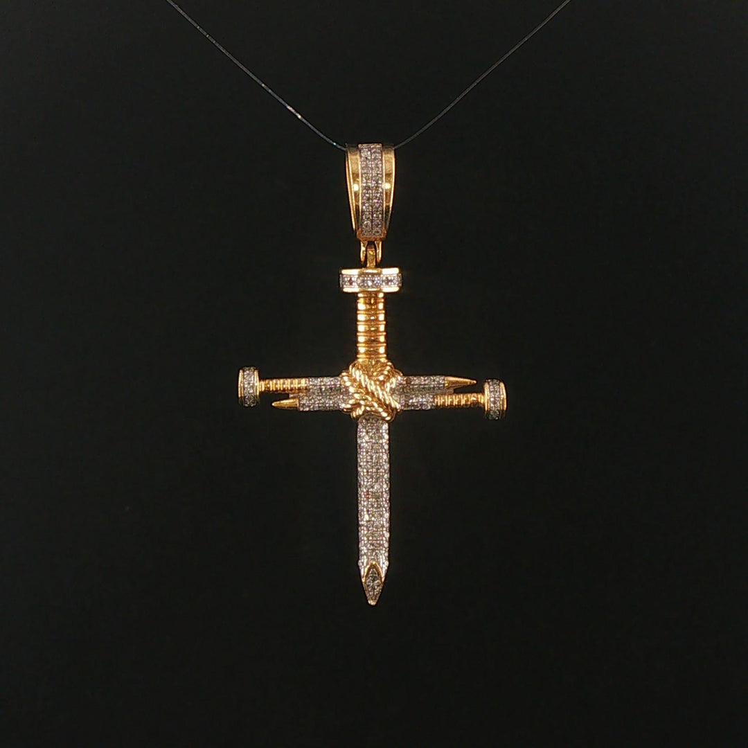 10k Yellow and White Gold Diamond Vintage Nail Cross Pendant 2"