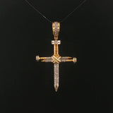 10k Yellow and White Gold Diamond Vintage Nail Cross Pendant 2"