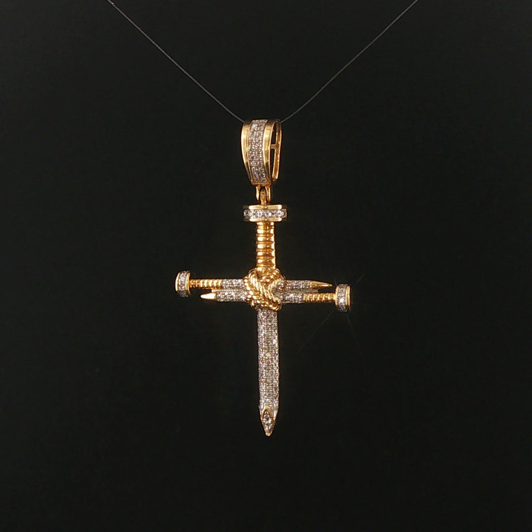 10k Yellow and White Gold Diamond Vintage Nail Cross Pendant 2"