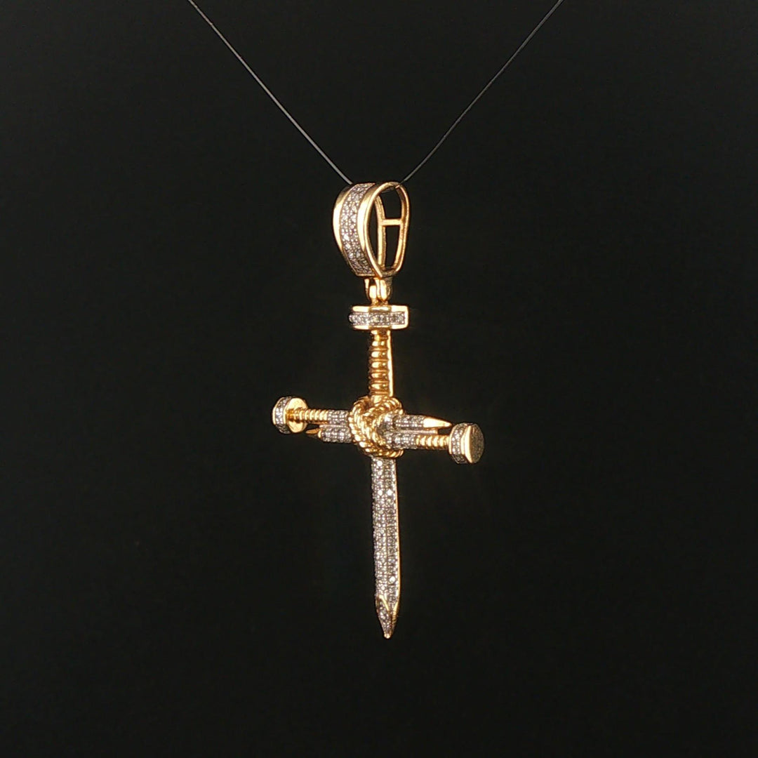 10k Yellow and White Gold Diamond Vintage Nail Cross Pendant 2"