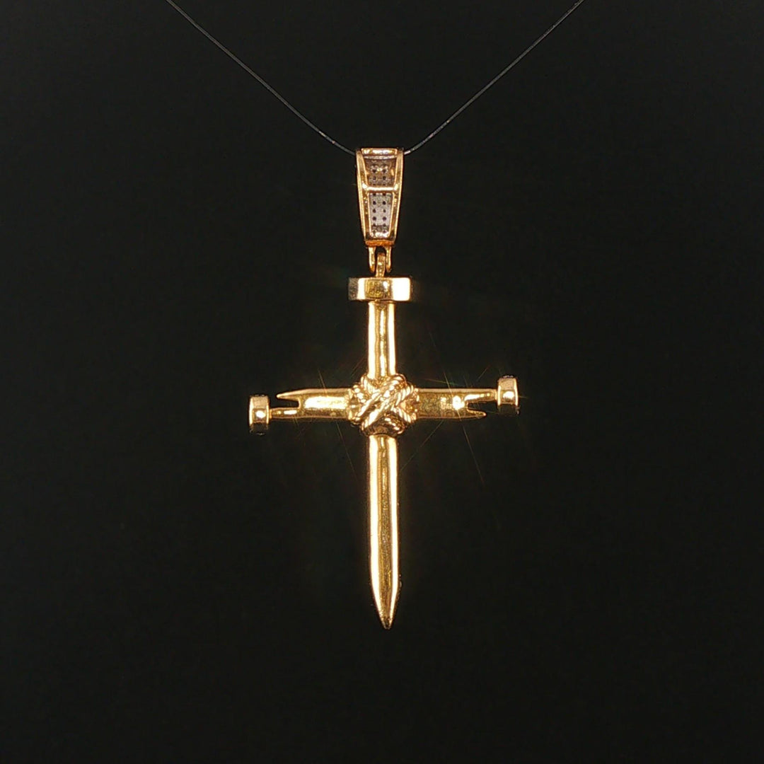 10k Yellow and White Gold Diamond Vintage Nail Cross Pendant 2"