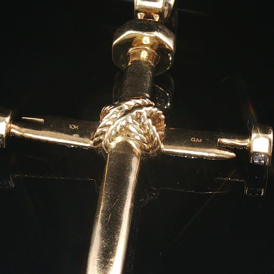 10k Yellow and White Gold Diamond Vintage Nail Cross Pendant 2"