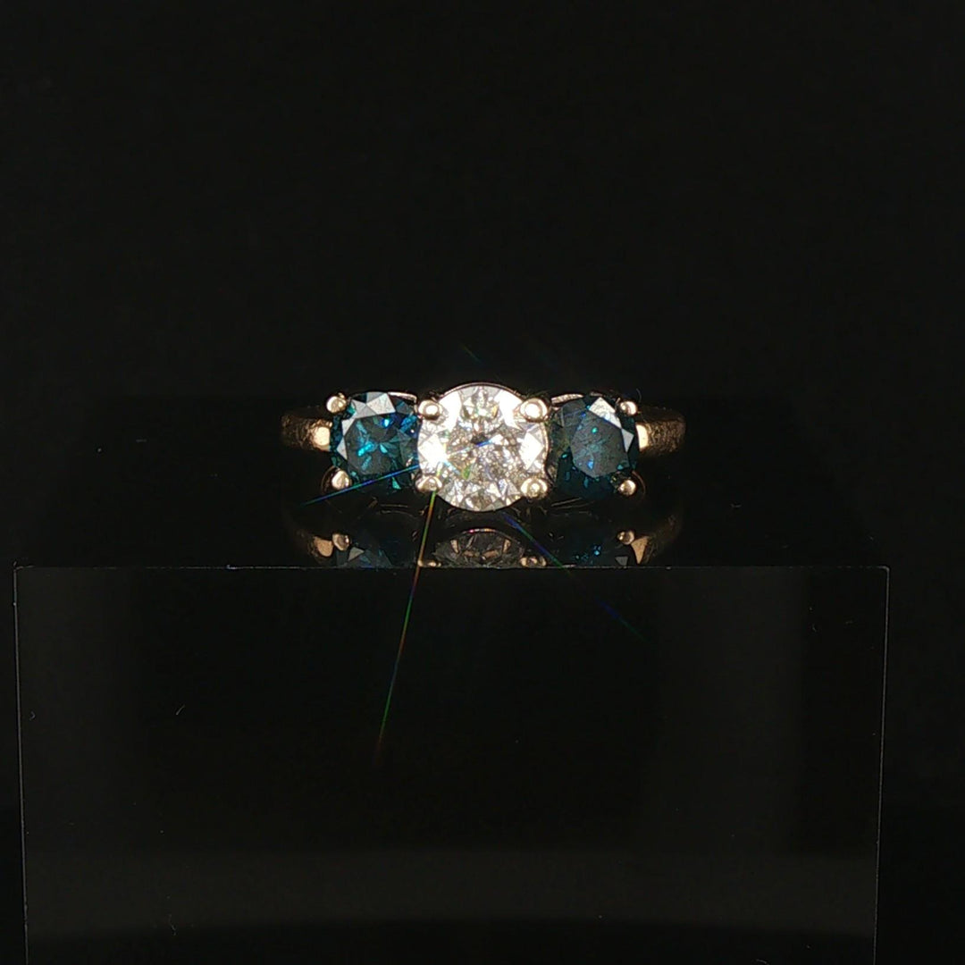 14k Yellow and White Gold 1.85cttw Three White and Blue Diamond Ring Size 6